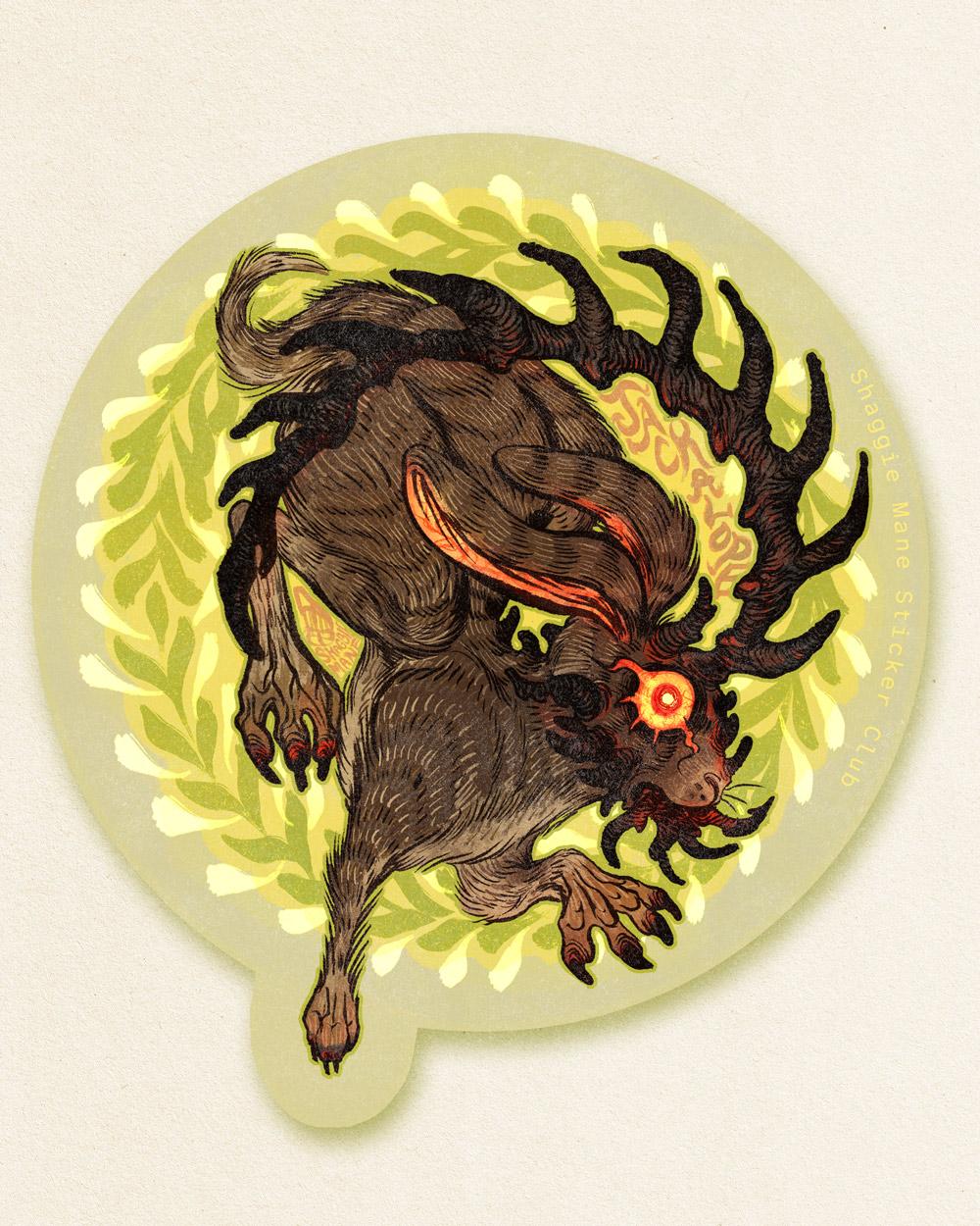 A sticker design illustration of a jackalope, a brown hare rabbit with white and gray ticked fur and a massive antler growing out of its forehead.  Its mouth also has horns growing out of it, similar to how the papilloma virus creates strange growths.