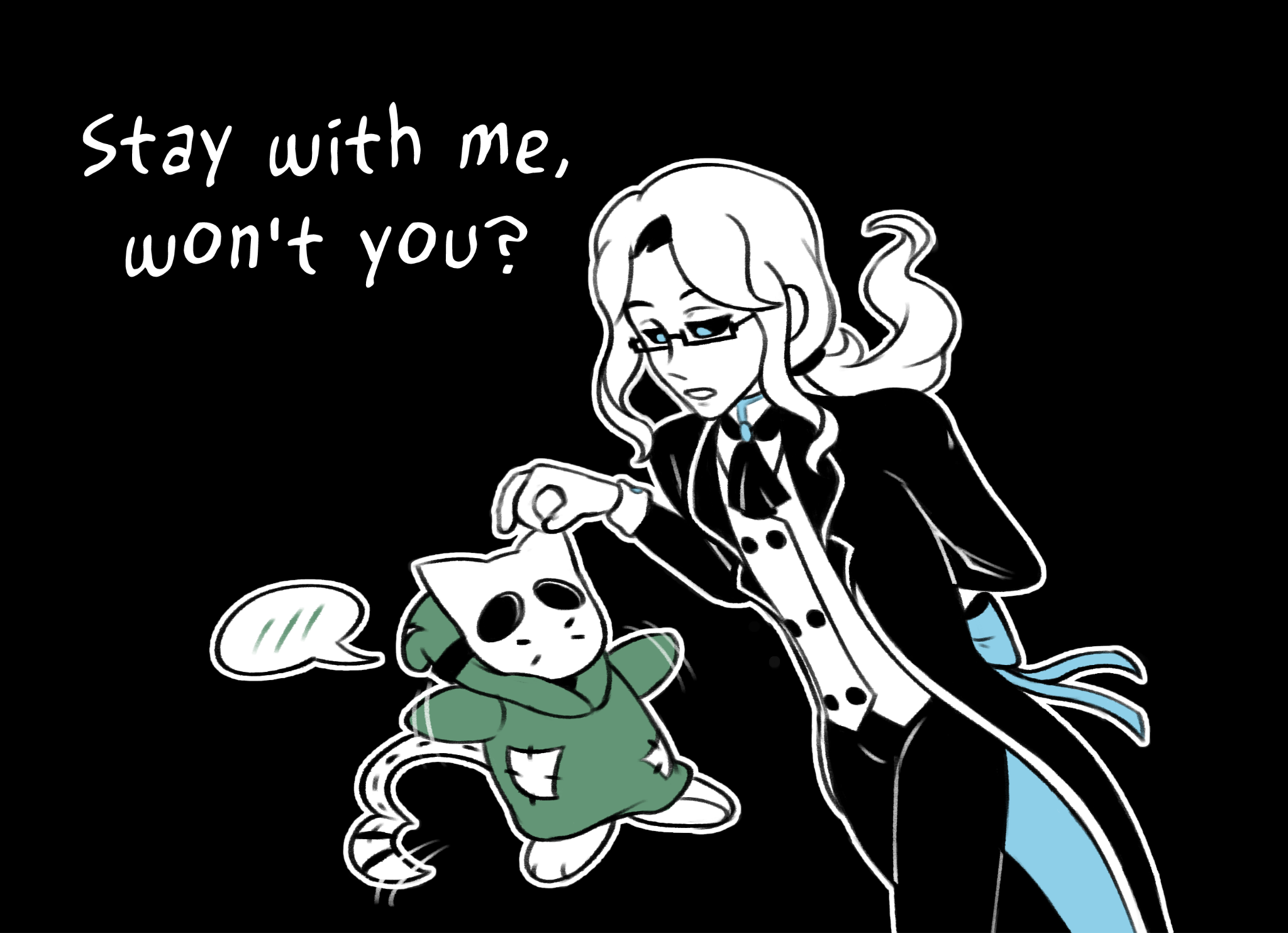 Digital art of two Mariosonas, Shy Cat the Shy Guy and Prince Ray the Boo. In his magic humanoid form, Prince Ray is holding Shy Cat up by the top corner of his mask. Shy cat is blushing and frantically waving his arms and tail around.

Prince Ray says: "Stay with me, won't you?"