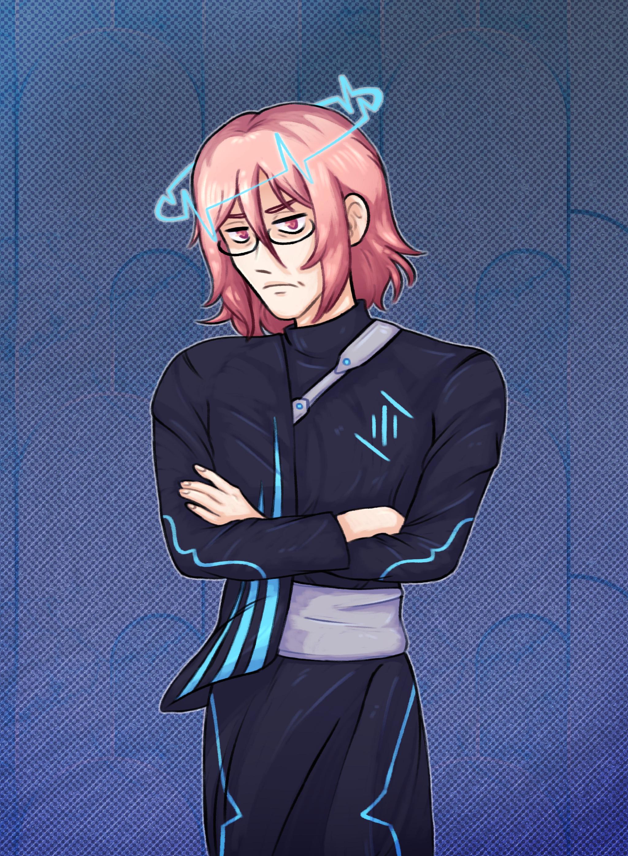 Halfbody artwork of my OC Lord Ethyron standing with a stern, disgruntled face with his arms crossed. He has oval glasses, shoulder length pink hair, and robes. His cyan halo resembles a heartbeat.
