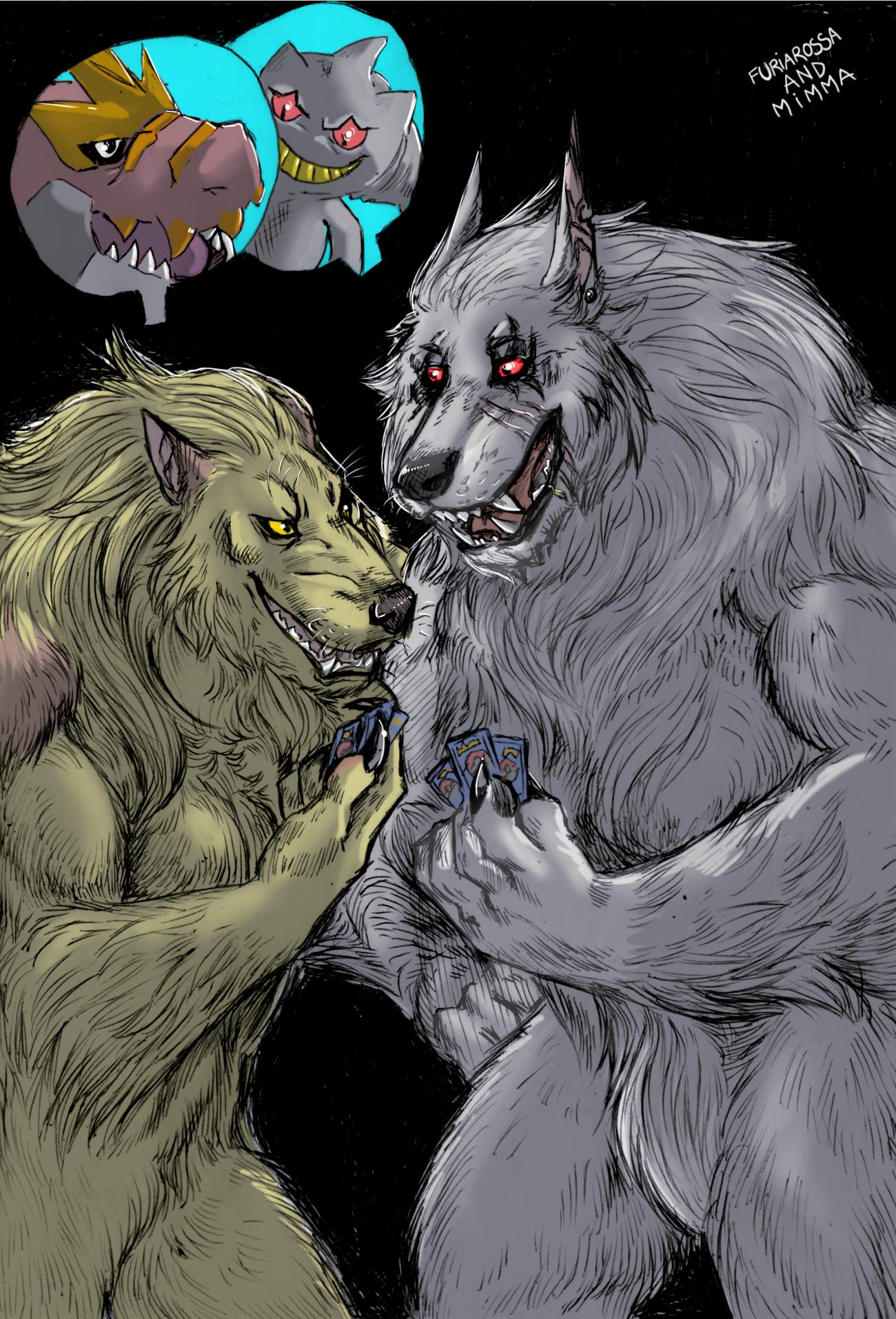Illustration of two massive female werewolves, one with golden fur (Sara Barker) and one with silver fur (Mica Rea), showing each other Pokémon cards. They're talking about Tyrantrum and Banette.