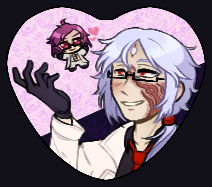 Digital heart button artwork of Epsilon sas Theta, a garlean man (Final Fantasy 14) with a low ponytail, glasses, and notable facial scarring. He has a thin smile, one hand raised up towards a tiny chibi of his lover, Aulus mal Asina.