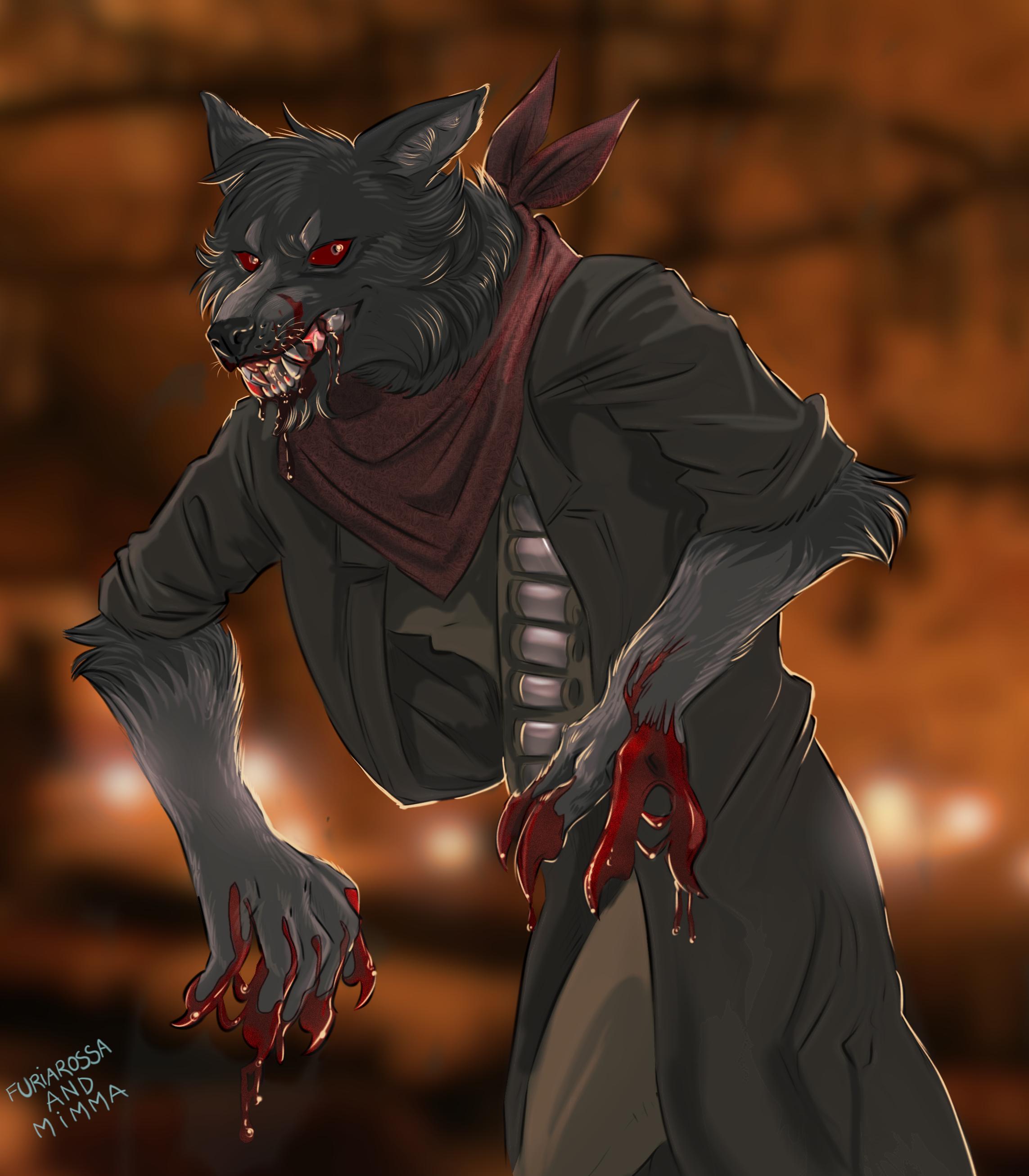 Digital illustration of an anthropomorphic wolf, dressed like a bandit/cowboy, with muzzle and hands covered in sticky red blood.