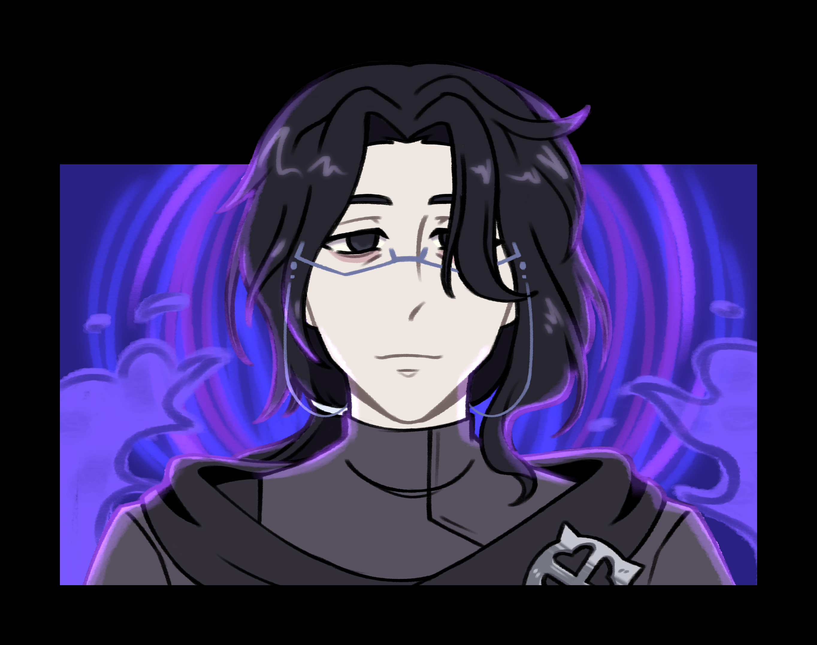 Portrait of a man with long black hair, silver glasses, and greyish pale skin. His smile is blank if not cold, extra apparent by the lack of light in his eyes. The purple background glows behind him.