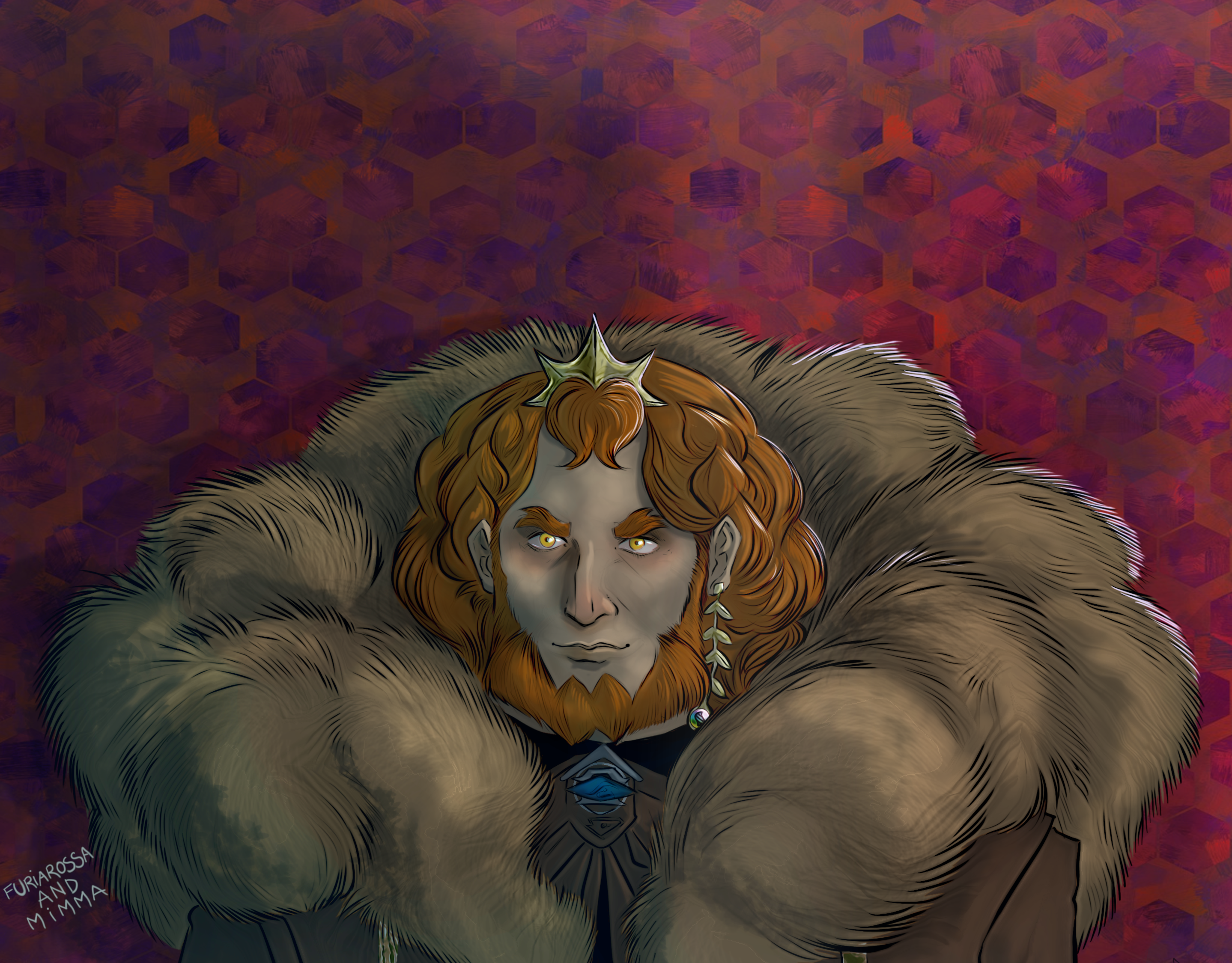 Digital portrait of a person with ginger hair and a beard, wearing a very fluffy fur collar.