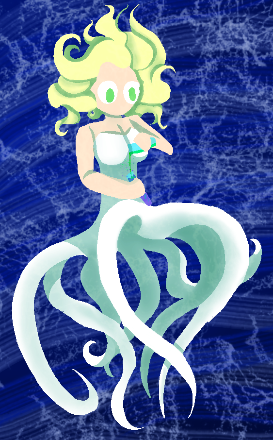 Digital illustration of Seras Alkahest, a sea witch, pouring a potion from one container to another. Her hair is slightly shorter than usual, and the drawing is quite stylized. Art by Sea_Lucille.