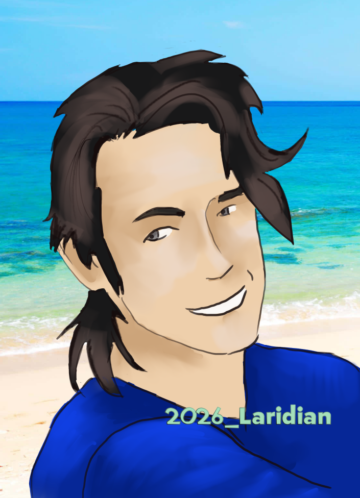 Digital illustration, a portrait of Seraphin Panorme, a man with a captivating smile and dark hair. The background colors suggest he's on a beach.